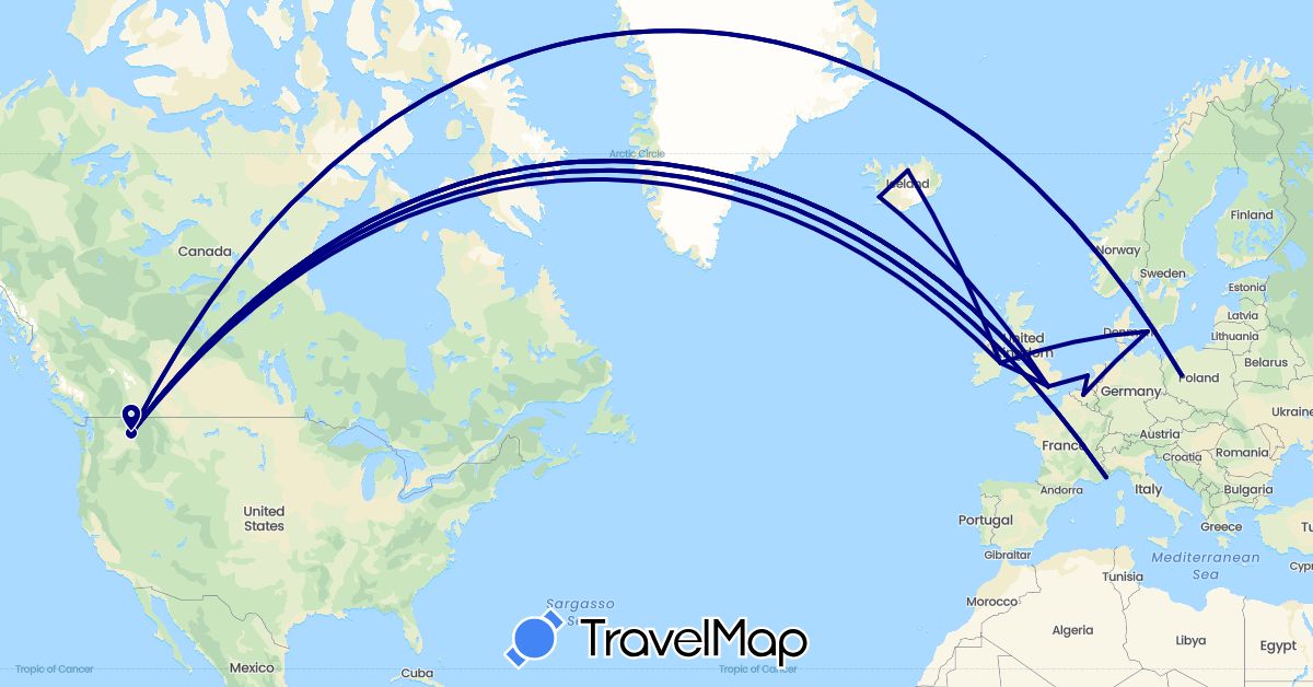 TravelMap itinerary: driving in Belgium, Denmark, France, United Kingdom, Ireland, Iceland, Netherlands, Poland, United States (Europe, North America)